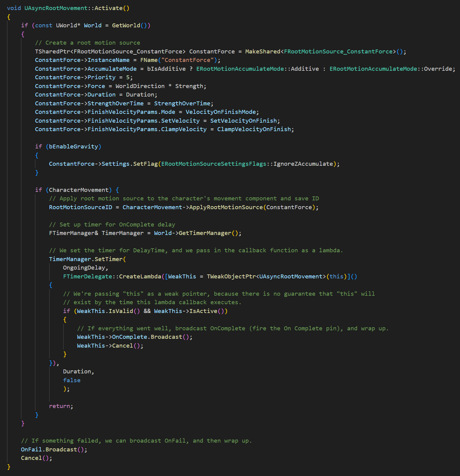 Activate function applying constant root motion force