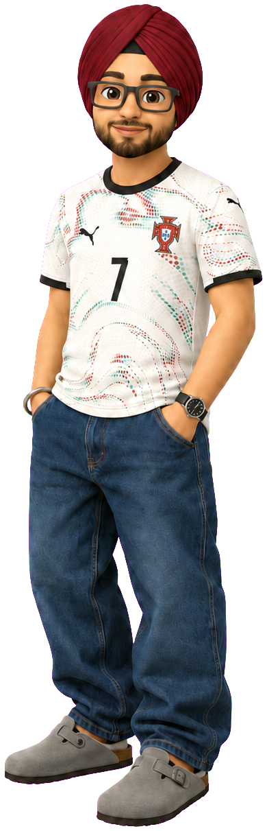 3D avatar of Aman Singh, a gameplay programmer in a maroon turban, glasses, and Portugal jersey